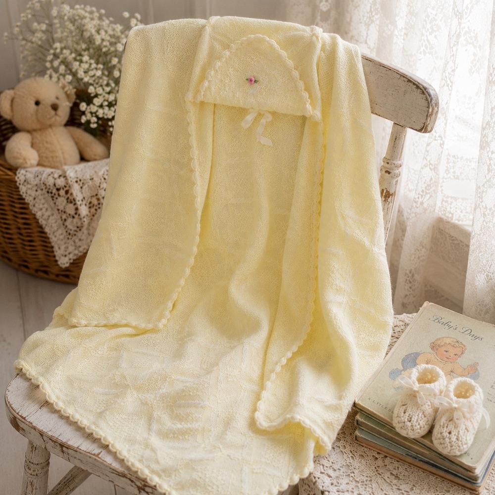 Vintage Handmade Hooded Baby Shawl Heirloom Blanket Layette Butter Yellow Pastel